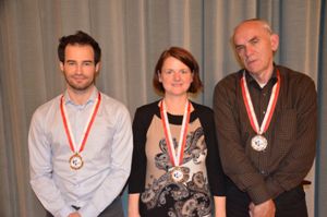 The Master of Bern (from left): GM Yannick Pelletier, WIM Gundula Heinatz, FM Vjekoslav Vulević (photo credit: Swiss Chess Federation)